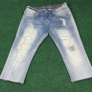 Men's Rock Revival "Pranit" Straight Jeans Leather Inserts Size 36